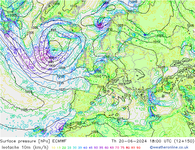 Izotacha (km/godz) ECMWF czw. 20.06.2024 18 UTC