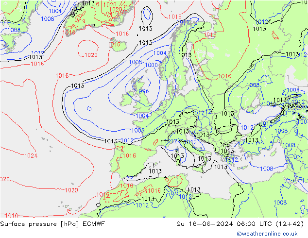 Atmosférický tlak ECMWF Ne 16.06.2024 06 UTC