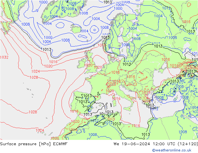 Presión superficial ECMWF mié 19.06.2024 12 UTC