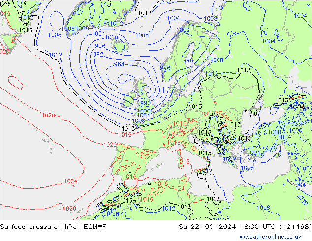 Bodendruck ECMWF Sa 22.06.2024 18 UTC