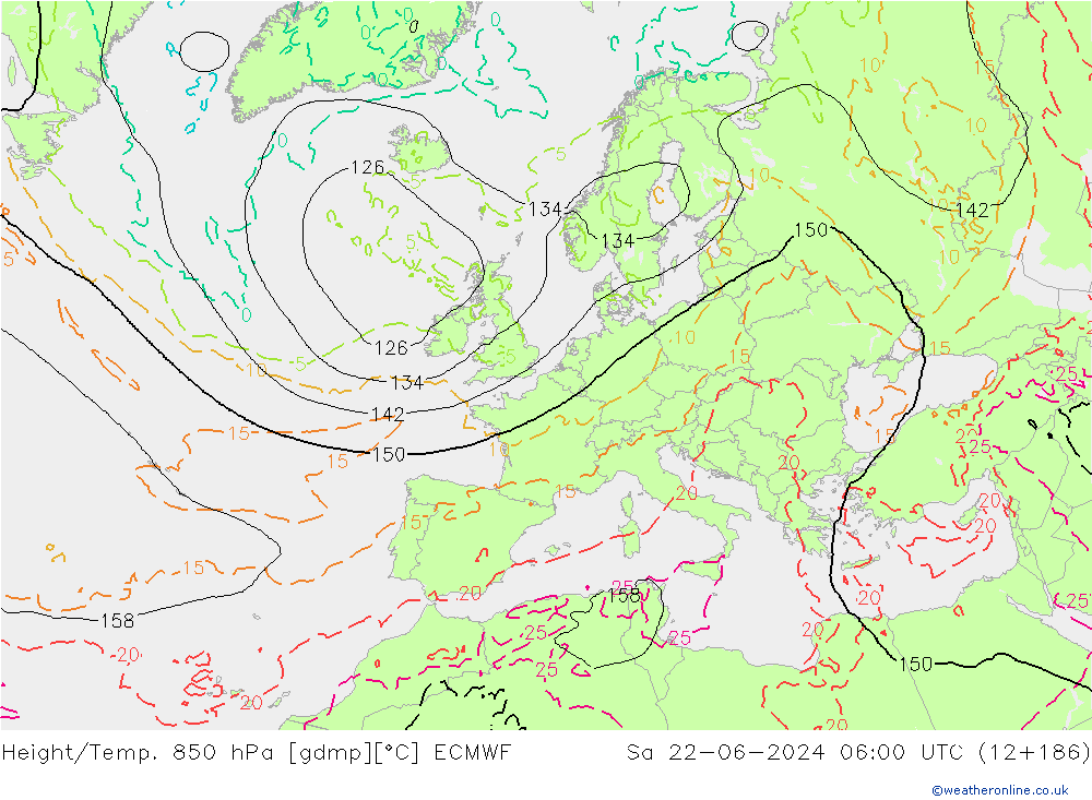 Height/Temp. 850 hPa ECMWF so. 22.06.2024 06 UTC