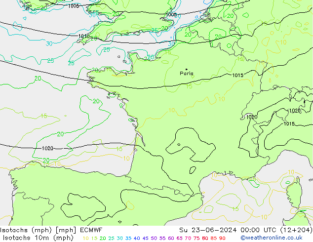 Isotachs (mph) ECMWF Вс 23.06.2024 00 UTC