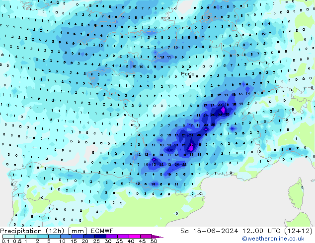 Precipitation (12h) ECMWF So 15.06.2024 00 UTC