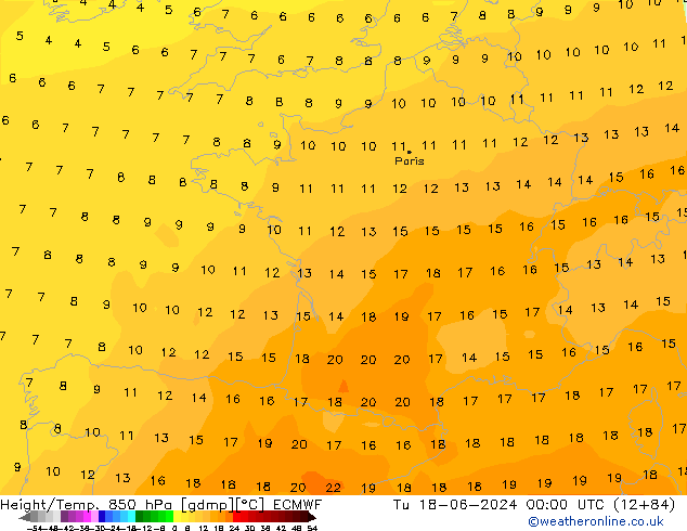 Hoogte/Temp. 850 hPa ECMWF di 18.06.2024 00 UTC