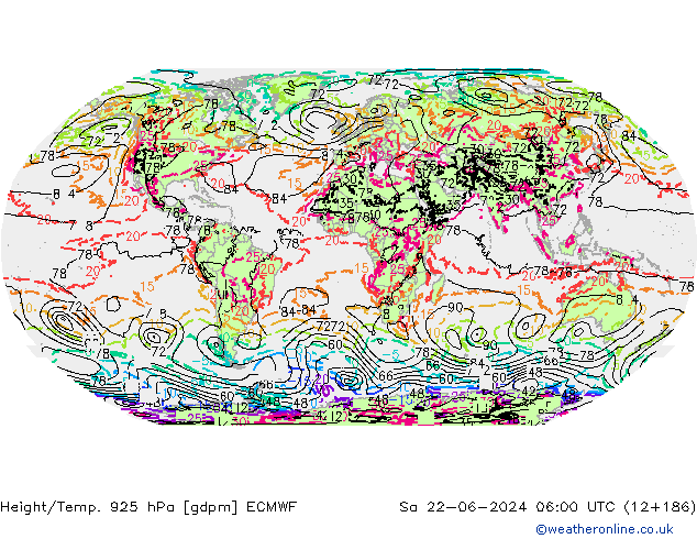 Height/Temp. 925 hPa ECMWF So 22.06.2024 06 UTC