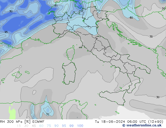 Humidité rel. 300 hPa ECMWF mar 18.06.2024 06 UTC