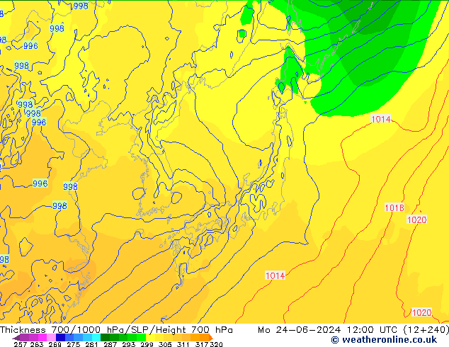 Espesor 700-1000 hPa ECMWF lun 24.06.2024 12 UTC