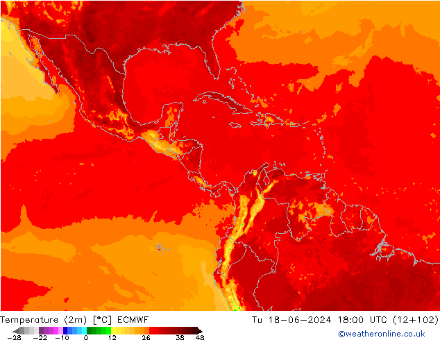 Temperature (2m) ECMWF Tu 18.06.2024 18 UTC