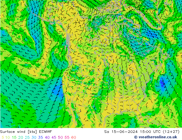 wiatr 10 m ECMWF so. 15.06.2024 15 UTC