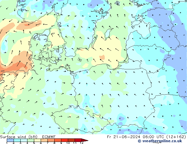 Viento 10 m (bft) ECMWF vie 21.06.2024 06 UTC