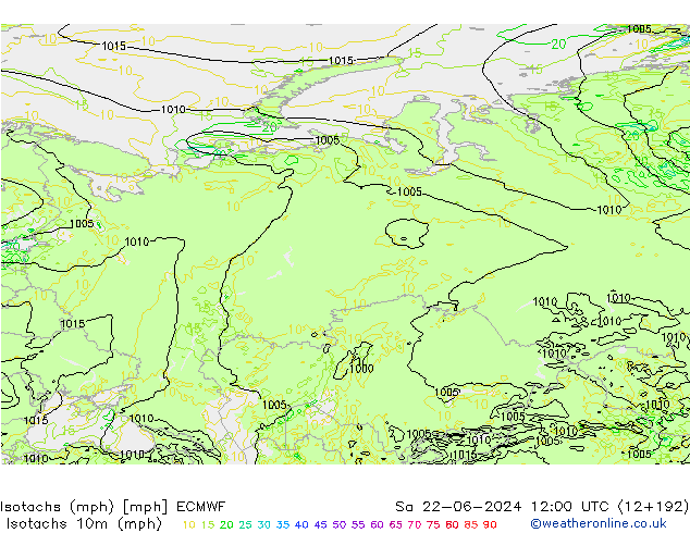 Isotachs (mph) ECMWF  22.06.2024 12 UTC