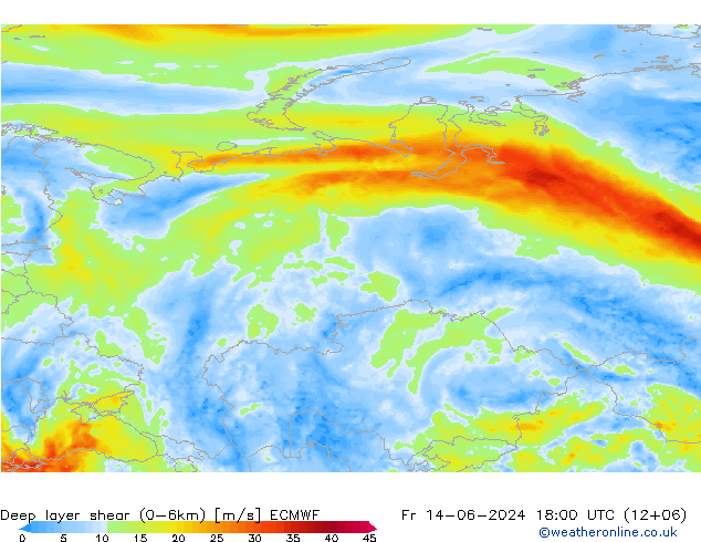 Deep layer shear (0-6km) ECMWF vr 14.06.2024 18 UTC