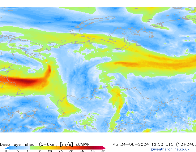 Deep layer shear (0-6km) ECMWF Po 24.06.2024 12 UTC