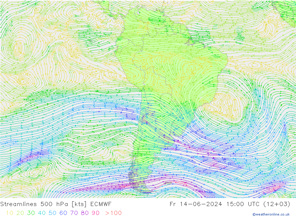 Linia prądu 500 hPa ECMWF pt. 14.06.2024 15 UTC