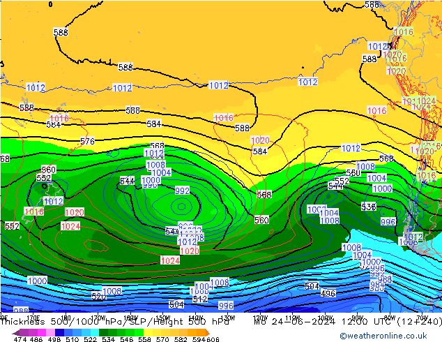 Thck 500-1000гПа ECMWF пн 24.06.2024 12 UTC