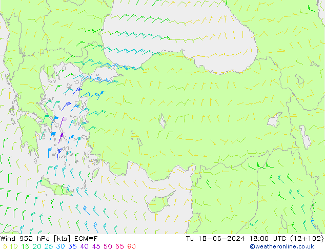 Wind 950 hPa ECMWF Út 18.06.2024 18 UTC