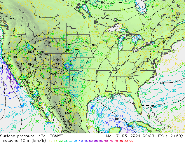 Isotachs (kph) ECMWF Mo 17.06.2024 09 UTC