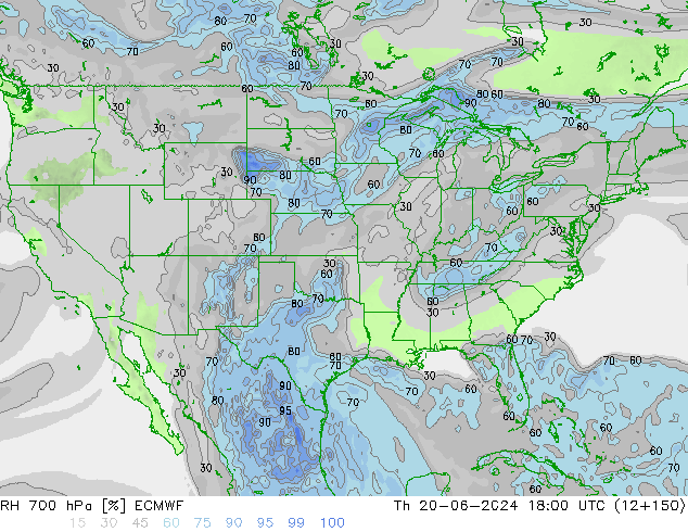 RH 700 hPa ECMWF czw. 20.06.2024 18 UTC