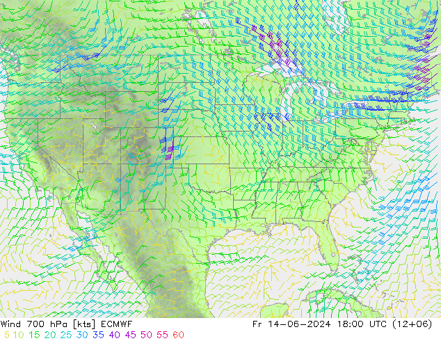 Wind 700 hPa ECMWF Fr 14.06.2024 18 UTC