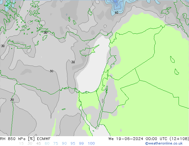 Humidité rel. 850 hPa ECMWF mer 19.06.2024 00 UTC