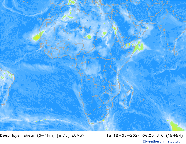 Deep layer shear (0-1km) ECMWF Tu 18.06.2024 06 UTC