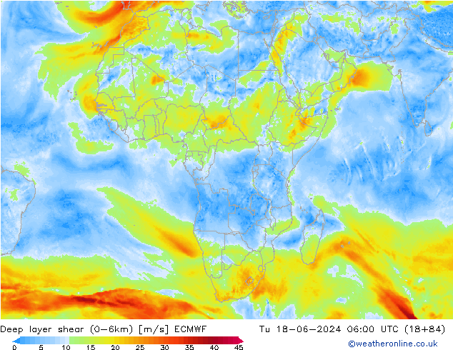 Deep layer shear (0-6km) ECMWF Tu 18.06.2024 06 UTC