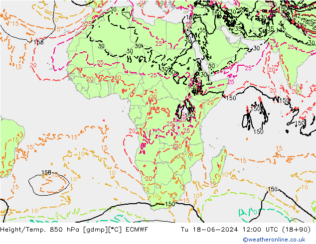 Geop./Temp. 850 hPa ECMWF mar 18.06.2024 12 UTC