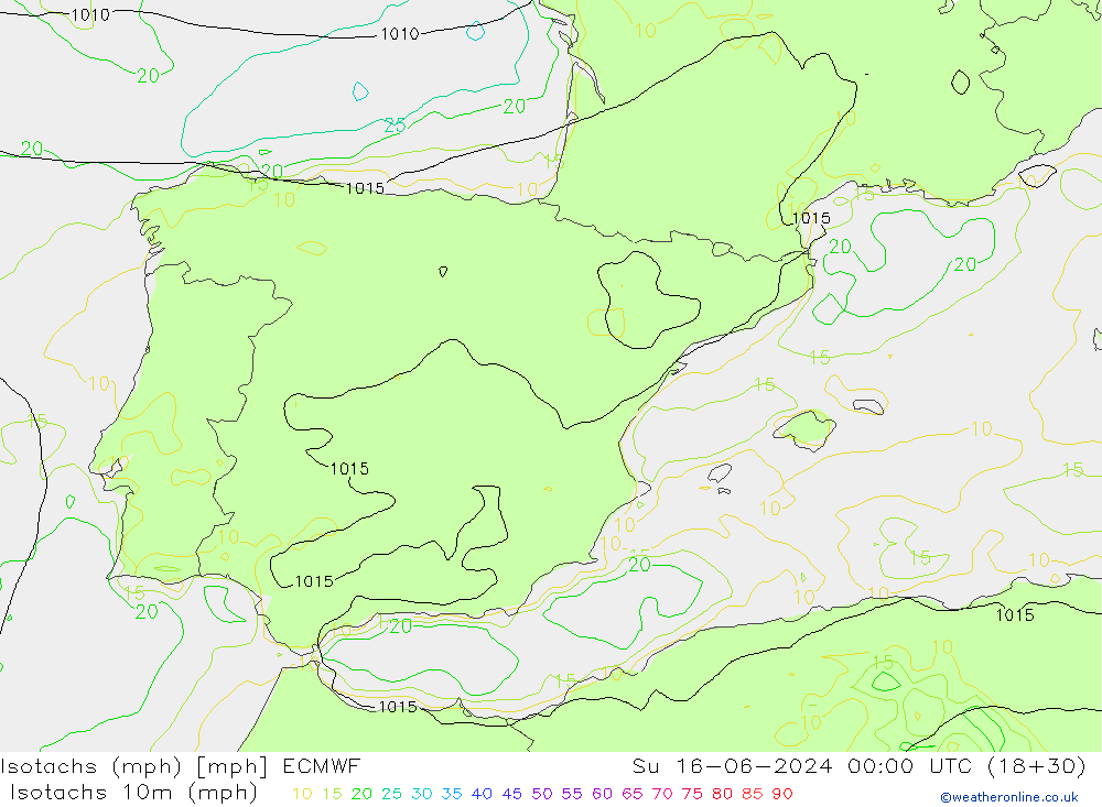 Isotachs (mph) ECMWF  16.06.2024 00 UTC