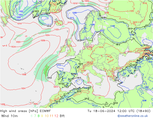 High wind areas ECMWF Út 18.06.2024 12 UTC