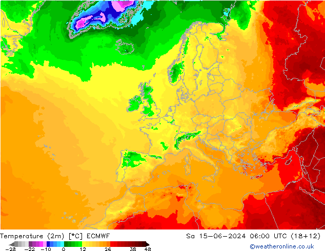 Temperature (2m) ECMWF Sa 15.06.2024 06 UTC