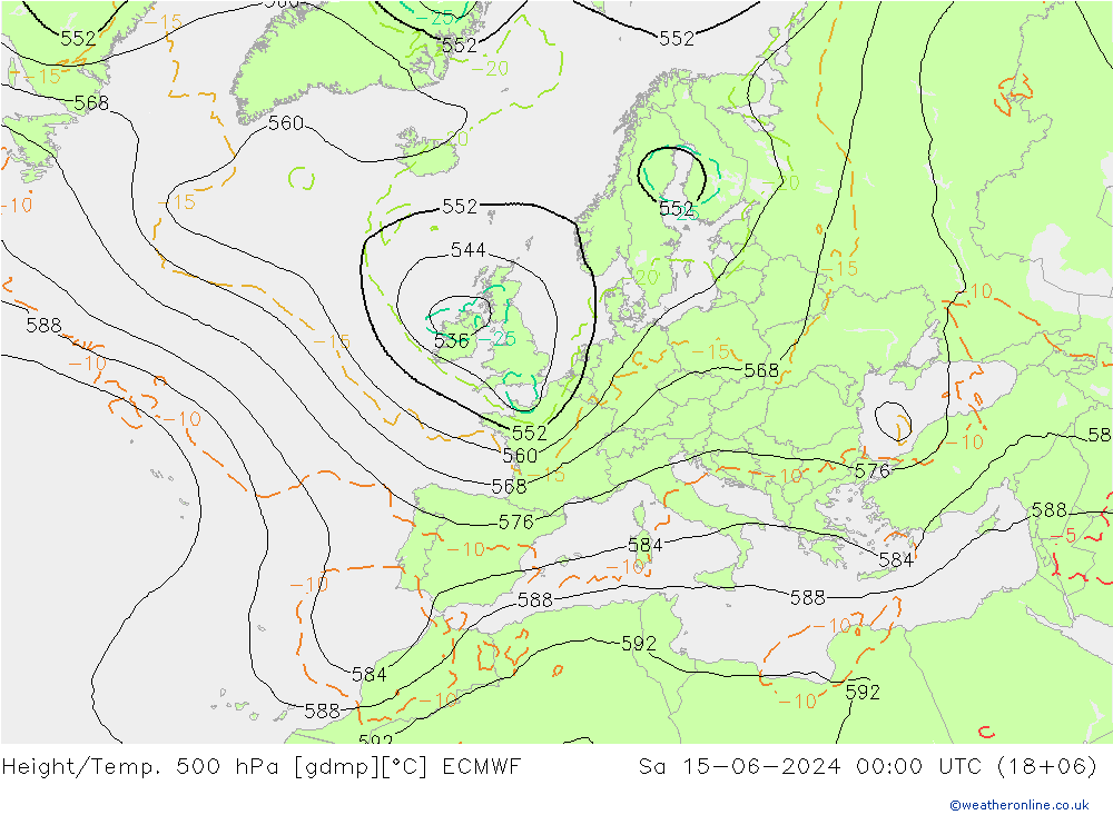 Z500/Rain (+SLP)/Z850 ECMWF 星期六 15.06.2024 00 UTC