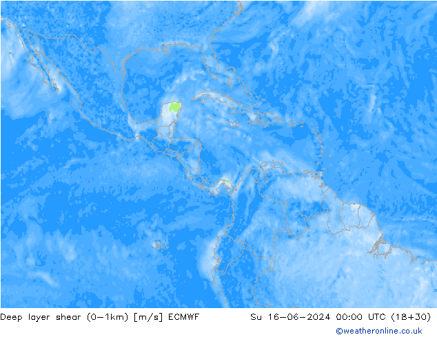 Deep layer shear (0-1km) ECMWF dim 16.06.2024 00 UTC