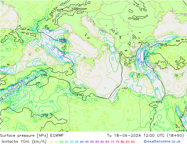 Isotachs (kph) ECMWF Tu 18.06.2024 12 UTC