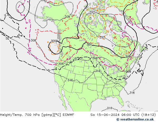 Geop./Temp. 700 hPa ECMWF sáb 15.06.2024 06 UTC