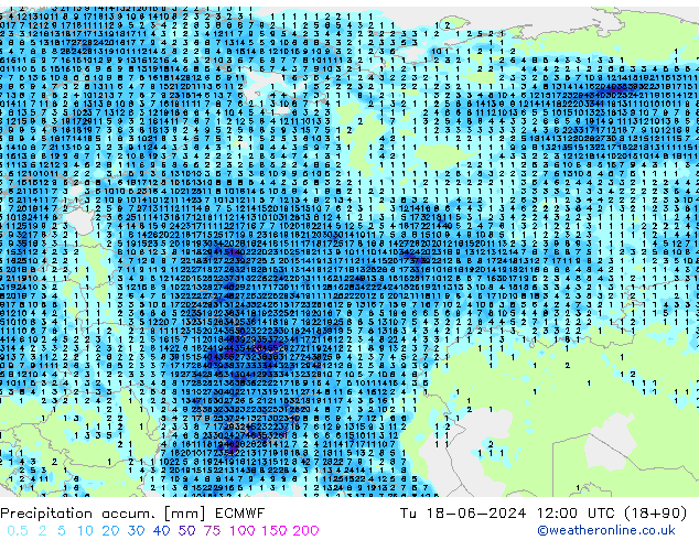 Precipitation accum. ECMWF Tu 18.06.2024 12 UTC