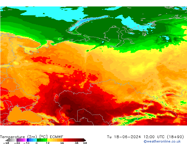 Temperature (2m) ECMWF Tu 18.06.2024 12 UTC