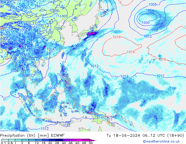 Precipitation (6h) ECMWF Tu 18.06.2024 12 UTC