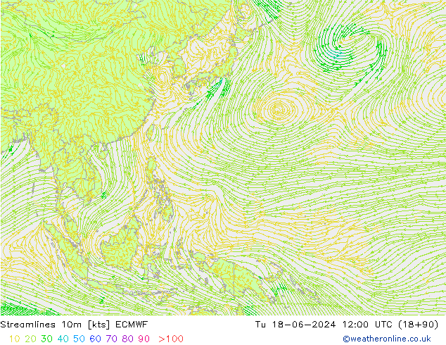 ветер 10m ECMWF вт 18.06.2024 12 UTC