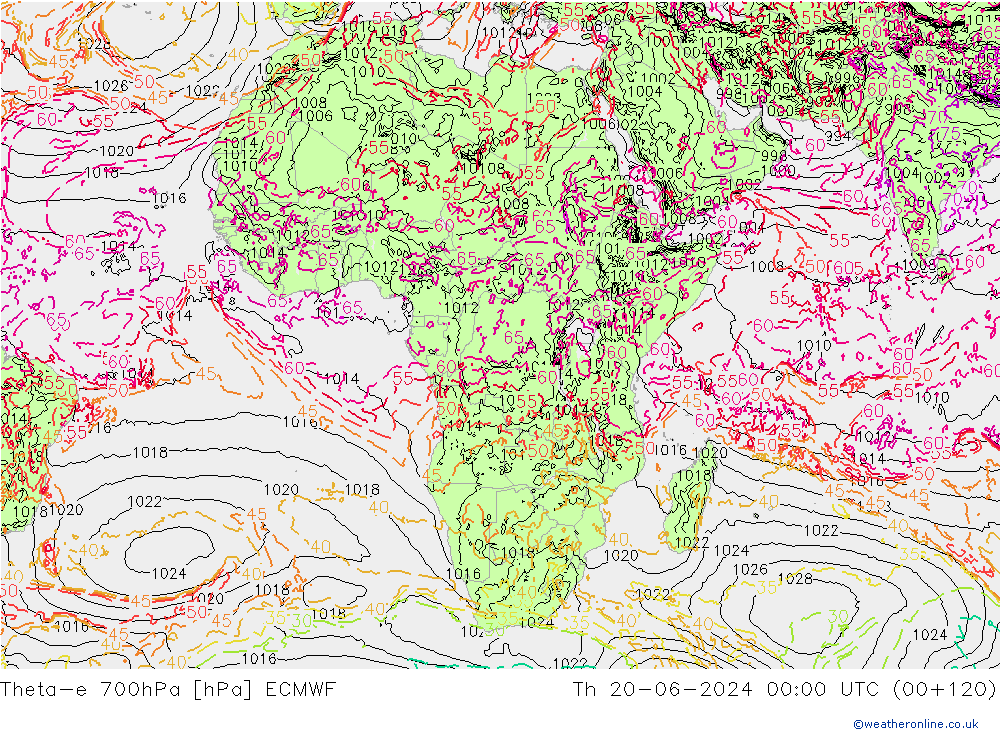 Theta-e 700hPa ECMWF gio 20.06.2024 00 UTC