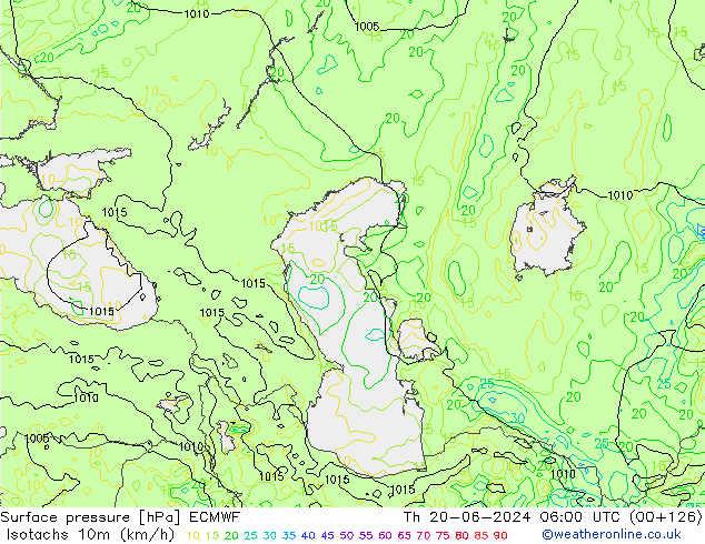Isotachen (km/h) ECMWF do 20.06.2024 06 UTC