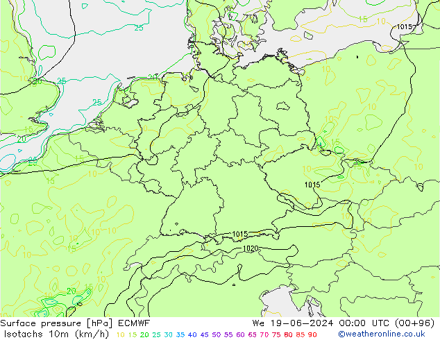 Eşrüzgar Hızları (km/sa) ECMWF Çar 19.06.2024 00 UTC