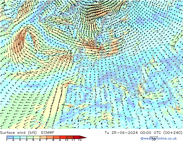 Rüzgar 10 m (bft) ECMWF Sa 25.06.2024 00 UTC