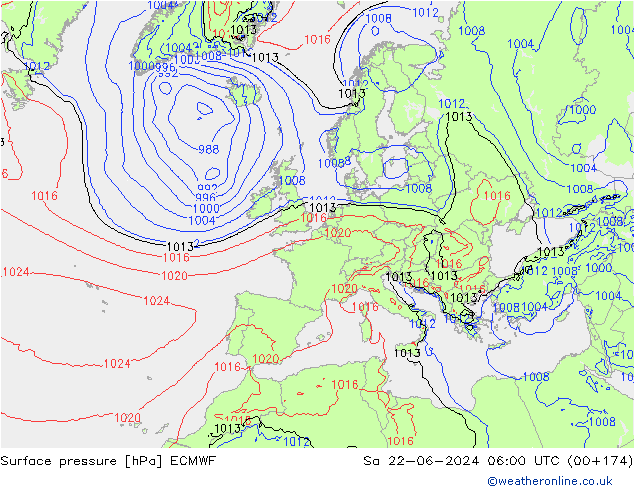 Bodendruck ECMWF Sa 22.06.2024 06 UTC