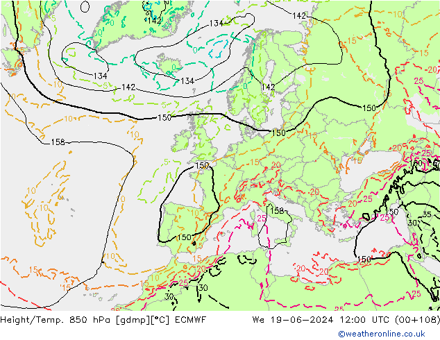 Hoogte/Temp. 850 hPa ECMWF wo 19.06.2024 12 UTC