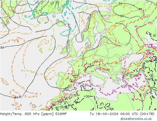 Géop./Temp. 925 hPa ECMWF mar 18.06.2024 06 UTC