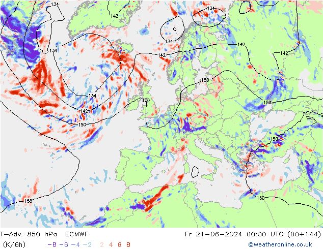 T-Adv. 850 hPa ECMWF Fr 21.06.2024 00 UTC