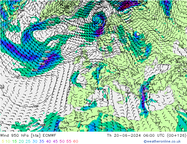 Wind 950 hPa ECMWF Čt 20.06.2024 06 UTC