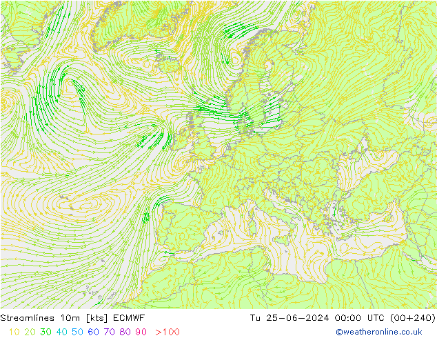 Stromlinien 10m ECMWF Di 25.06.2024 00 UTC