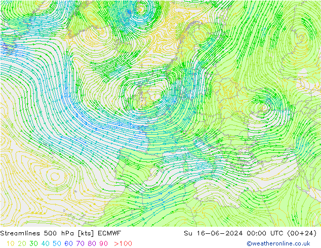 Linea di flusso 500 hPa ECMWF dom 16.06.2024 00 UTC