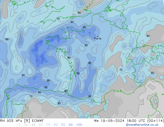 Humidité rel. 925 hPa ECMWF mer 19.06.2024 18 UTC